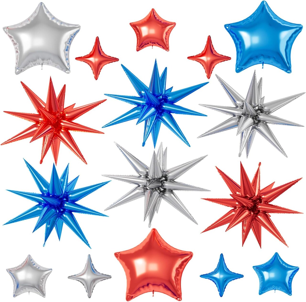 Red Blue Silver Star Balloons, 16 Pcs 22/18/10 Inch Star Foil Mylar Balloons, Explosion Cone Star-Shape Four-Pointed Balloon for Kids Boy Birthday Graduation Wedding Baby Shower Hero Party Decoration